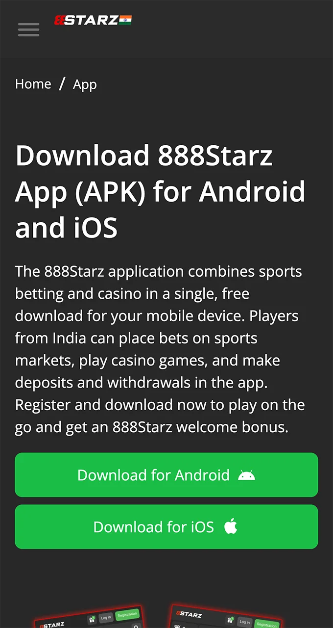 Use the reliable link to start downloading the 888Starz app.