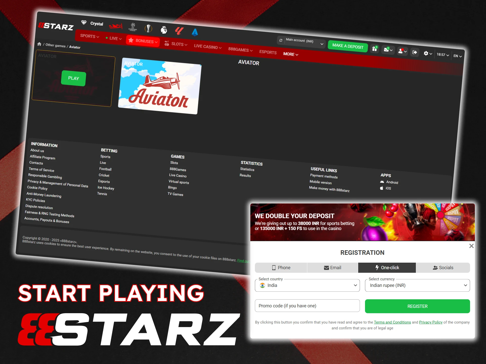 Sign up, make a deposit, and start playing Aviator on the 888Starz platform.