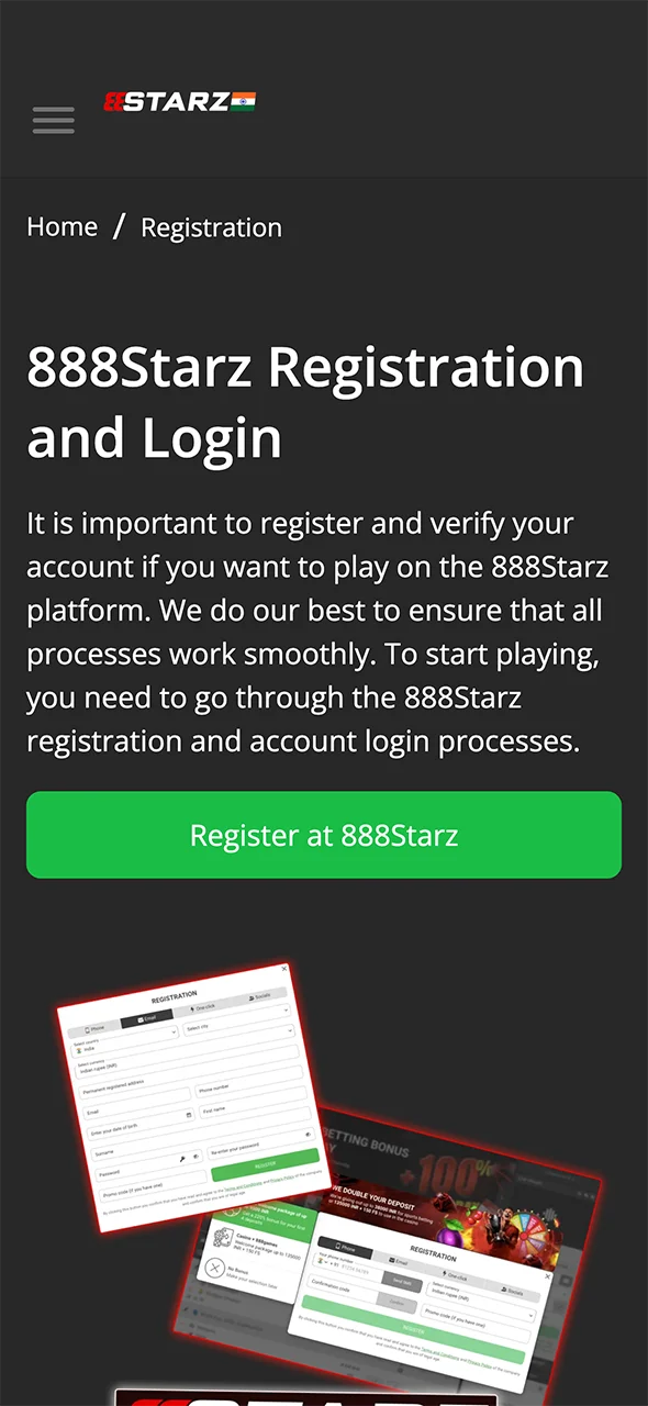 Click on the button and start registering at the best casino, 888Starz.