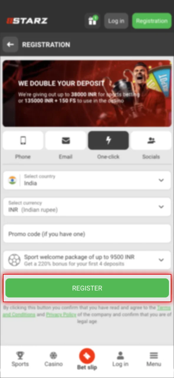 Click the register button to complete your registration on the official 888Starz website.