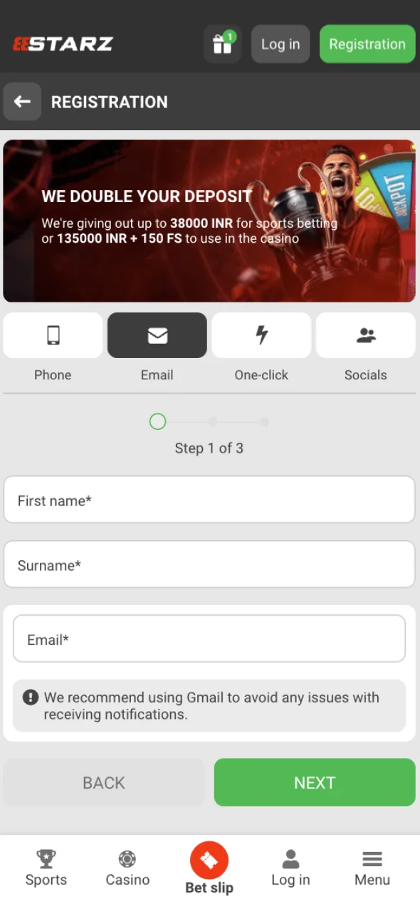 Please enter all the required information into the registration form on the 888Starz website.