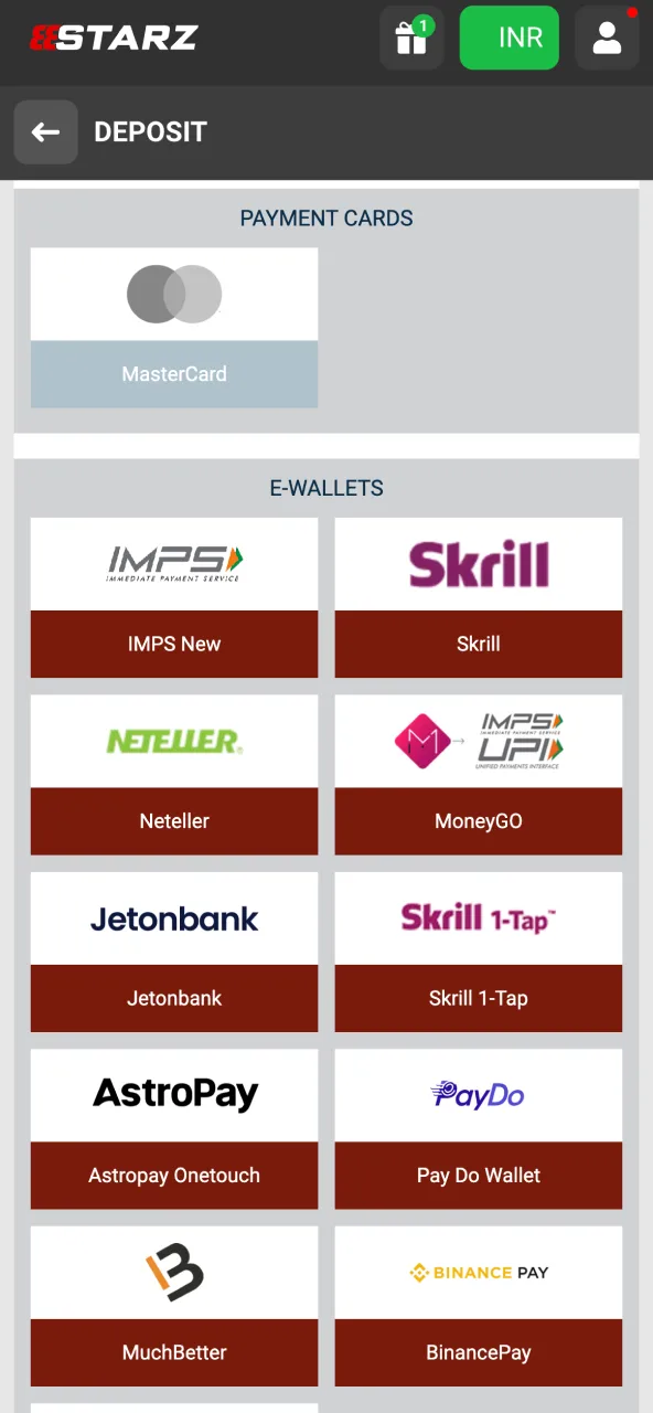 Deposit money to 888Starz balance India.