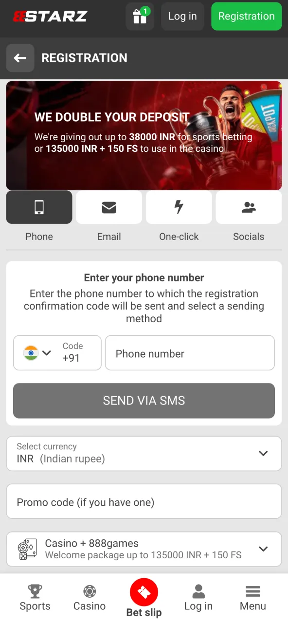 888Starz registration with one click sign up.