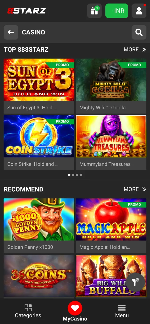 Open favorite casino games at 888Starz.