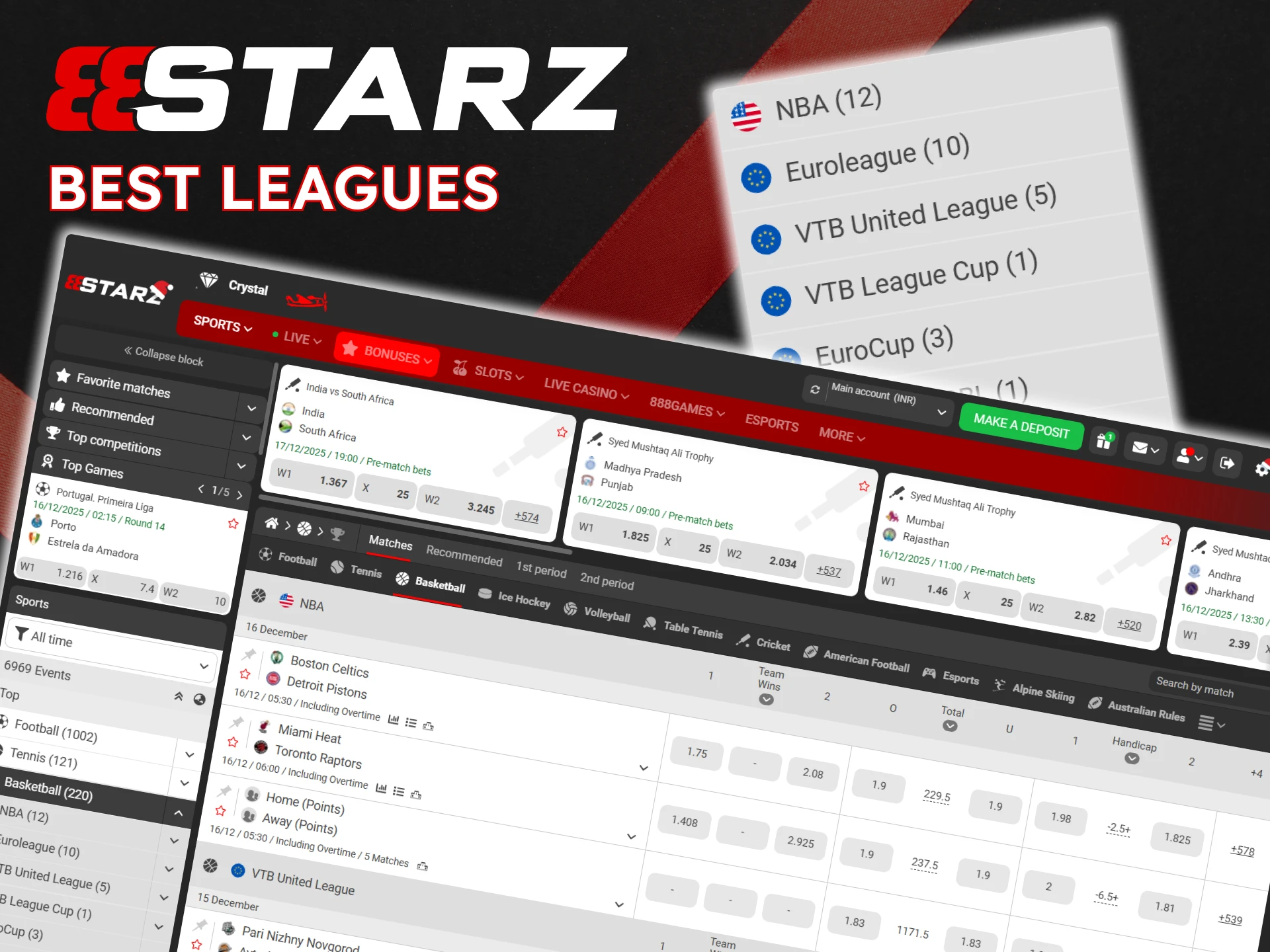 Place bets on a wide variety of basketball leagues at 888Starz.