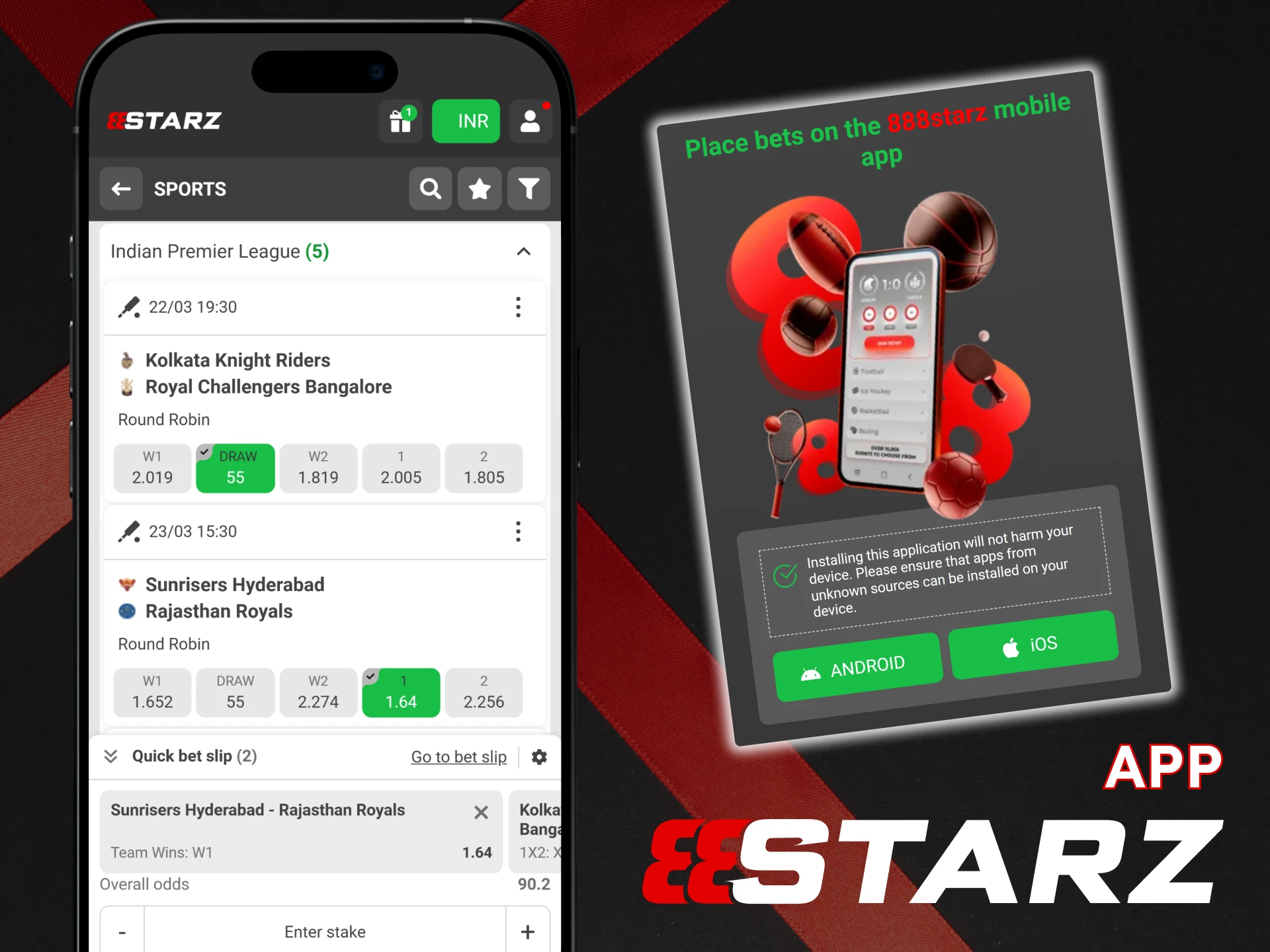 Download the 888Starz app to bet on IPL.